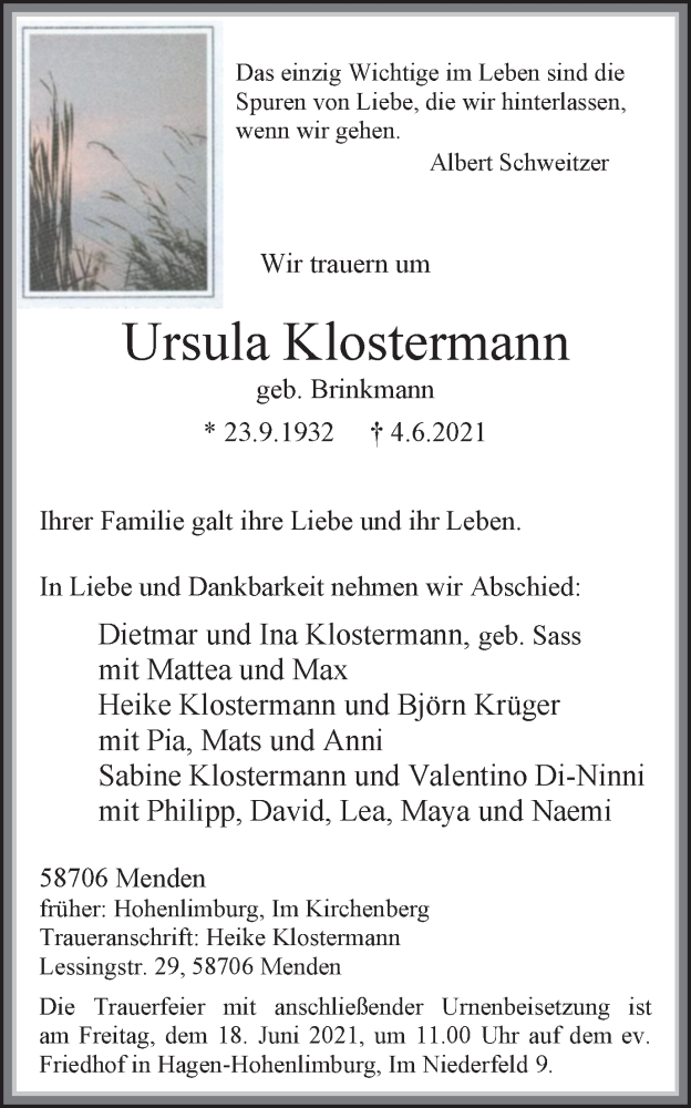  Traueranzeige für Ursula Klostermann vom 12.06.2021 aus WVW Anzeigenblätter