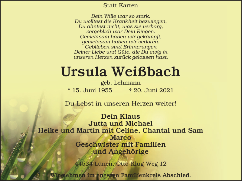  Traueranzeige für Ursula Weißbach vom 26.06.2021 aus WVW Anzeigenblätter