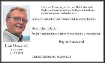 Traueranzeige von Uwe Maczynski von WVW Anzeigenblätter