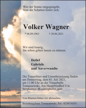 Traueranzeige von Volker Wagner von WVW Anzeigenblätter