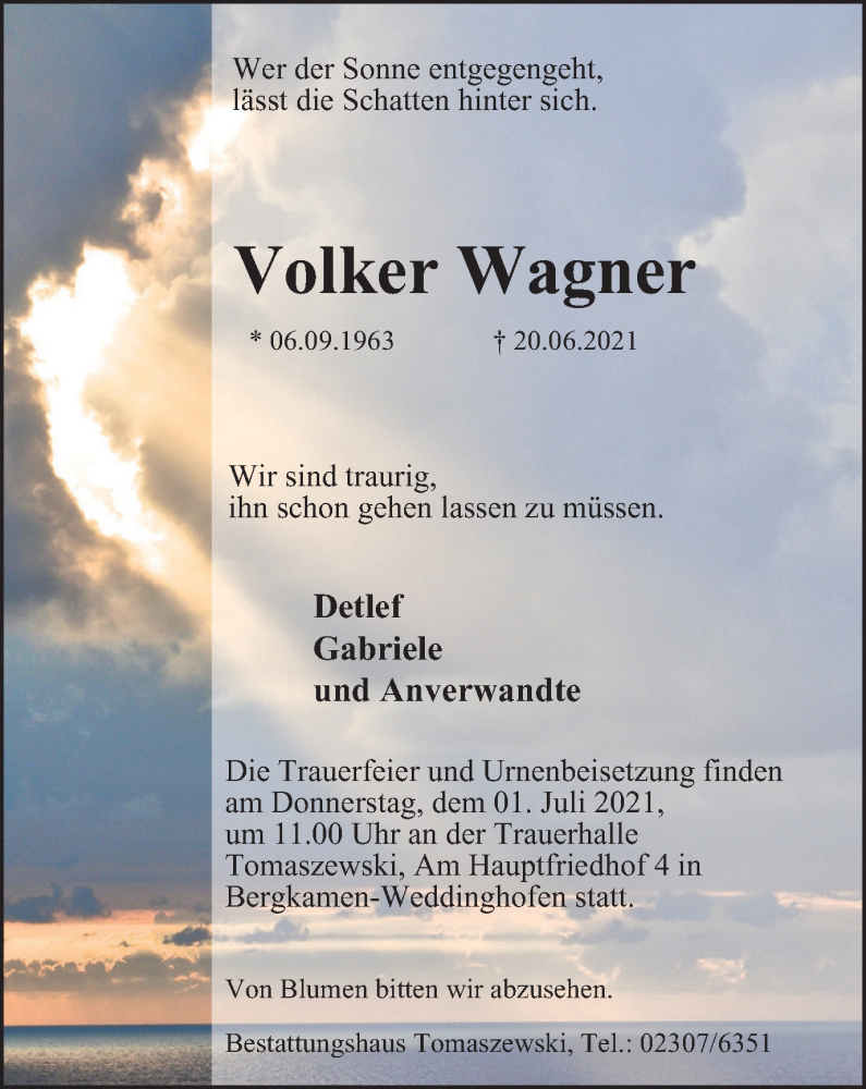  Traueranzeige für Volker Wagner vom 30.06.2021 aus WVW Anzeigenblätter