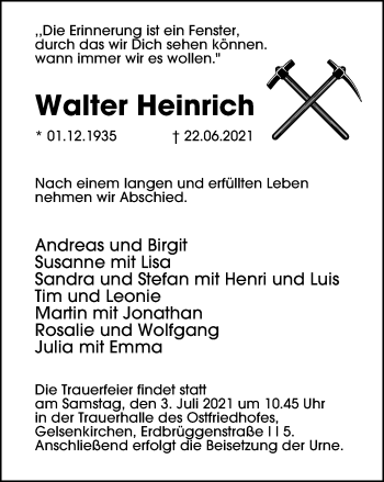 Traueranzeige von Walter Heinrich von WVW Anzeigenblätter