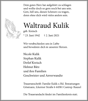 Traueranzeige von Waltraud Kulik von WVW Anzeigenblätter
