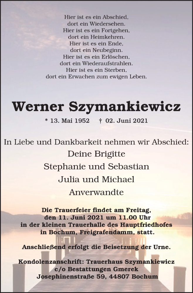  Traueranzeige für Werner Szymankiewicz vom 09.06.2021 aus WVW Anzeigenblätter