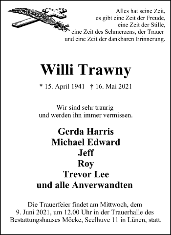 Traueranzeige von Willi Trawny von WVW Anzeigenblätter