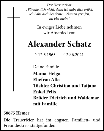 Traueranzeige von Alexander Schatz von WVW Anzeigenblätter