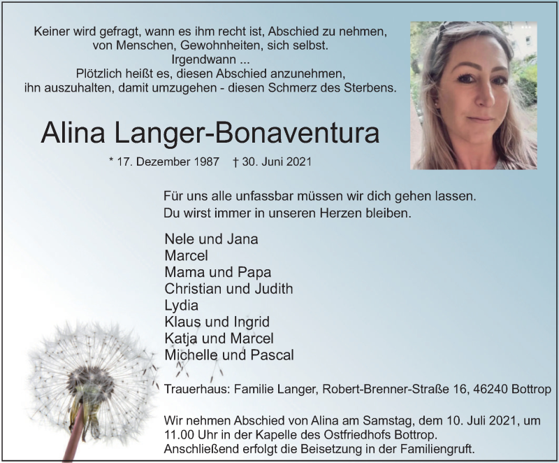  Traueranzeige für Alina Langer-Bonaventura vom 07.07.2021 aus WVW Anzeigenblätter