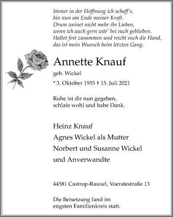 Traueranzeige von Annette Knauf von WVW Anzeigenblätter