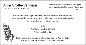 Traueranzeige von Anni Große-Venhaus von WVW Anzeigenblätter