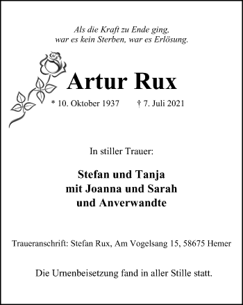 Traueranzeige von Artur Rux von WVW Anzeigenblätter