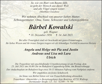 Traueranzeige von Bärbel Kowalski von WVW Anzeigenblätter