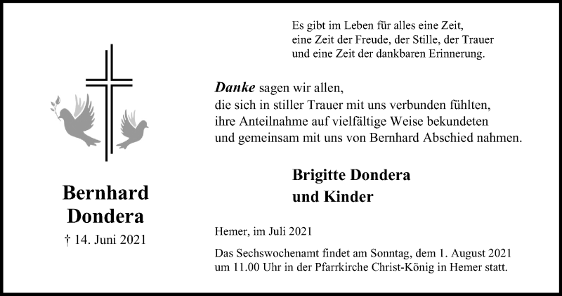  Traueranzeige für Bernhard Dondera vom 10.07.2021 aus WVW Anzeigenblätter