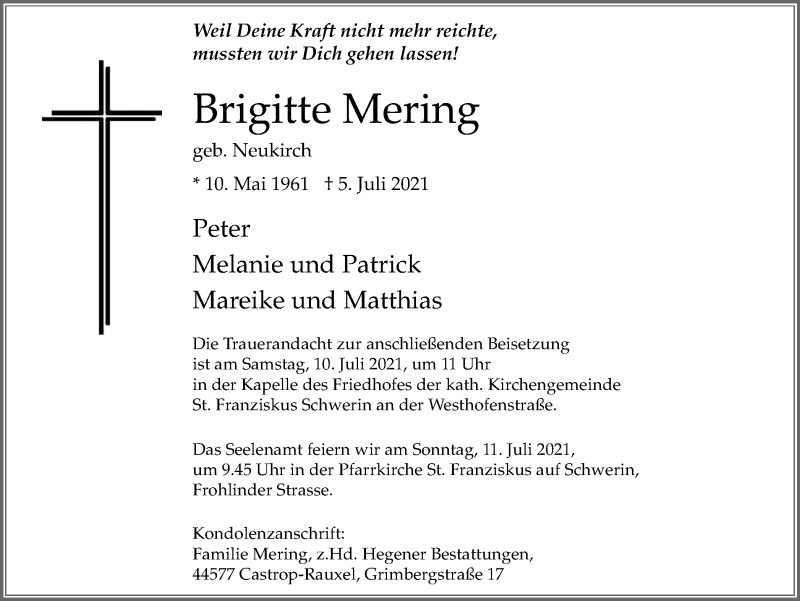  Traueranzeige für Brigitte Mering vom 07.07.2021 aus WVW Anzeigenblätter