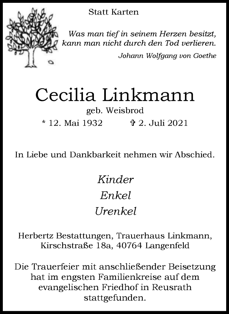  Traueranzeige für Cecilia Linkmann vom 17.07.2021 aus WVW Anzeigenblätter