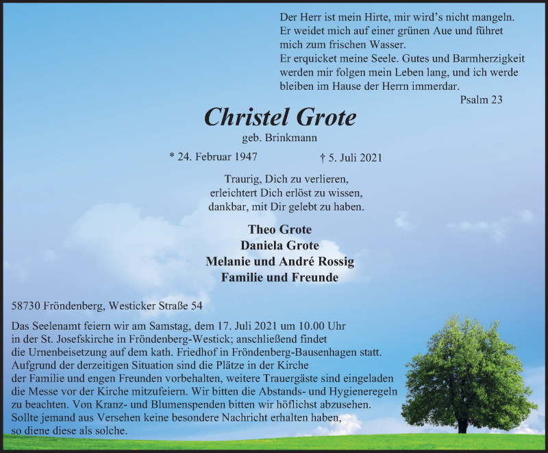  Traueranzeige für Christel Grote vom 10.07.2021 aus WVW Anzeigenblätter