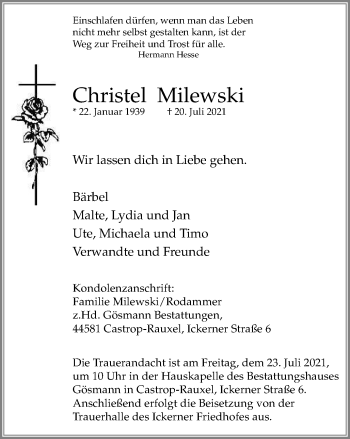 Traueranzeige von Christel Milewski von WVW Anzeigenblätter
