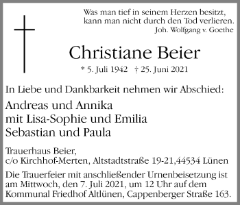 Traueranzeige von Christiane Beier von WVW Anzeigenblätter