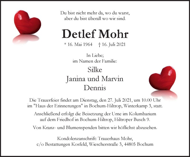 Traueranzeige für Detlef Mohr vom 24.07.2021 aus WVW Anzeigenblätter