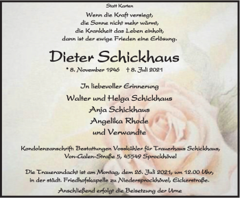 Traueranzeige von Dieter Schickhaus von WVW Anzeigenblätter