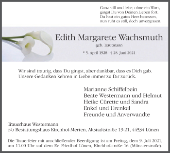 Traueranzeige von Edith Margarete Wachsmuth von WVW Anzeigenblätter