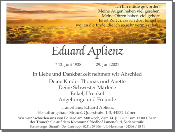 Traueranzeige von Eduard Aplienz von WVW Anzeigenblätter