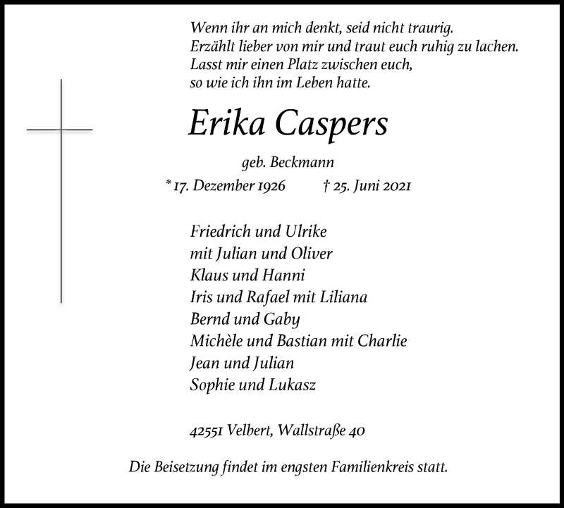  Traueranzeige für Erika Caspers vom 03.07.2021 aus WVW Anzeigenblätter