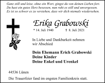 Traueranzeige von Erika Grabowski von WVW Anzeigenblätter