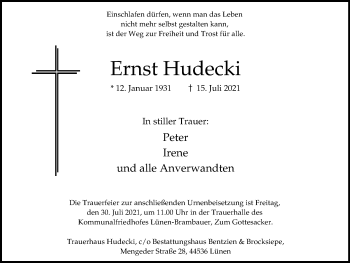 Traueranzeige von Ernst Hudecki von WVW Anzeigenblätter