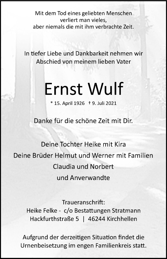  Traueranzeige für Ernst Wulf vom 17.07.2021 aus WVW Anzeigenblätter