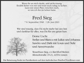 Traueranzeige von Fred Sieg von WVW Anzeigenblätter