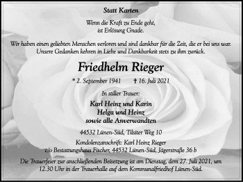 Traueranzeige von Friedhelm Rieger von WVW Anzeigenblätter