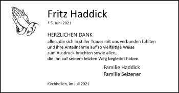 Traueranzeige von Fritz Haddick von WVW Anzeigenblätter