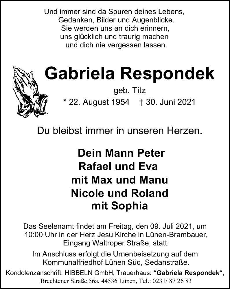  Traueranzeige für Gabriela Respondek vom 07.07.2021 aus WVW Anzeigenblätter