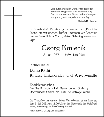 Traueranzeige von Georg Kmiecik von WVW Anzeigenblätter