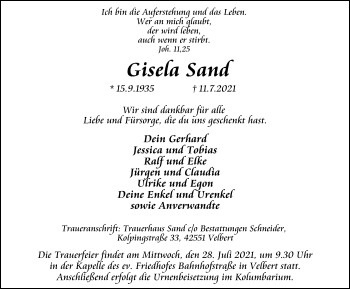 Traueranzeige von Gisela Sand von WVW Anzeigenblätter