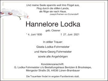 Traueranzeige von Hannelore Lodka von WVW Anzeigenblätter