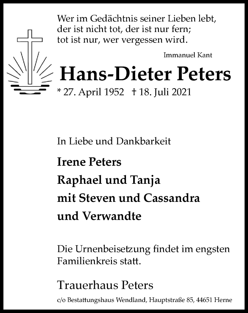  Traueranzeige für Hans-Dieter Peters vom 31.07.2021 aus WVW Anzeigenblätter