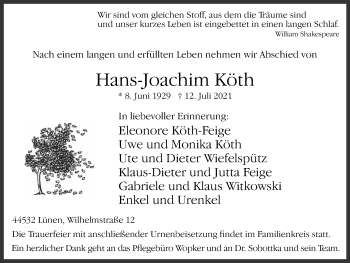 Traueranzeige von Hans-Joachim Köth von WVW Anzeigenblätter