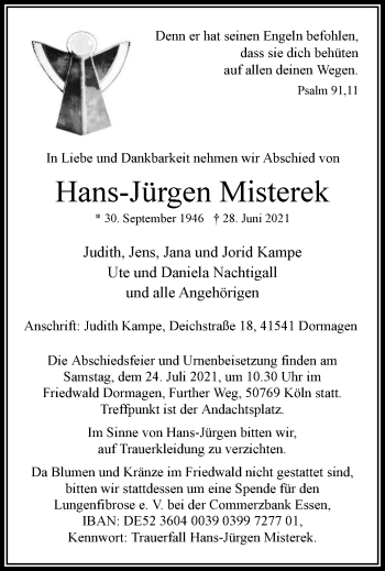 Traueranzeige von Hans-Jürgen Misterek von WVW Anzeigenblätter