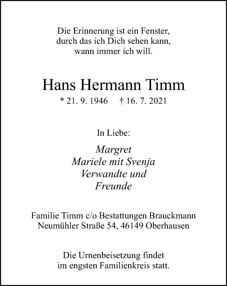  Traueranzeige für Hans Hermann Timm vom 28.07.2021 aus WVW Anzeigenblätter