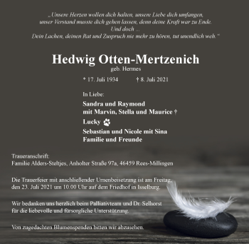 Traueranzeige von Hedwig Otten-Mertzenich von WVW Anzeigenblätter
