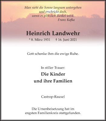 Traueranzeige von Heinrich Landwehr von WVW Anzeigenblätter