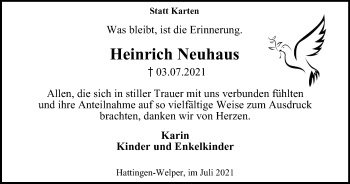 Traueranzeige von Heinrich Neuhaus von WVW Anzeigenblätter
