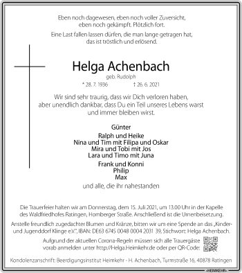 Traueranzeige von Helga Achenbach von WVW Anzeigenblätter