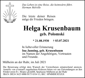 Traueranzeige von Helga Krusenbaum von WVW Anzeigenblätter