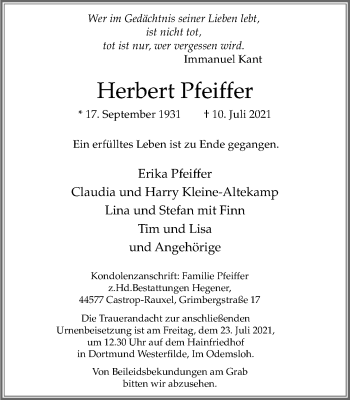 Traueranzeige von Herbert Pfeiffer von WVW Anzeigenblätter