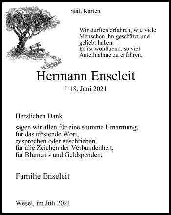 Traueranzeige von Hermann Enseleit von WVW Anzeigenblätter