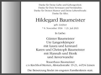 Traueranzeige von Hildegard Baumeister von WVW Anzeigenblätter