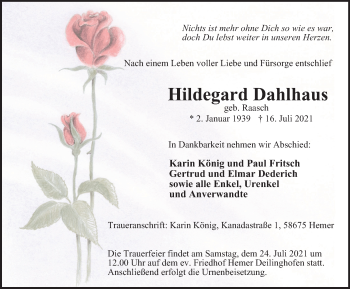 Traueranzeige von Hildegard Dahlhaus von WVW Anzeigenblätter
