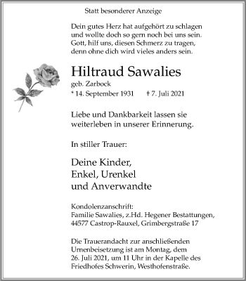 Traueranzeige von Hiltraud Sawalies von WVW Anzeigenblätter